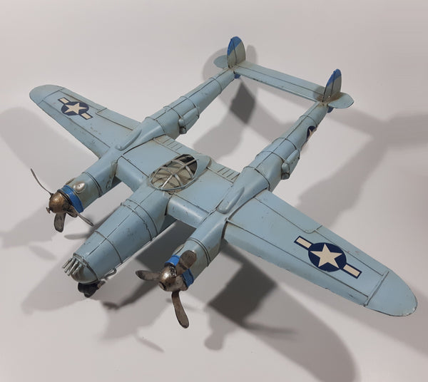 Vintage Lockheed P-38 Lightning Style Light Blue Plane Large 14 1/4" Long Tin Metal Military Airplane