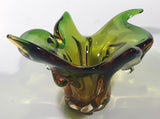 Vintage 1960s Chalet Green and Amber Orange Brown 11 3/4" Art Glass Dish
