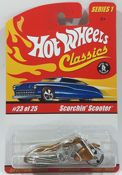 2005 Hot Wheels Classics Series 1 Scorchin' Scooter Spectraflame Yellow Die Cast Toy Motor Cycle New in Package