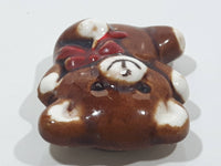 Brown Teddy Bear with Red Bow 1 1/4" x 1 3/8" Ceramic Fridge Magnet Made in Japan