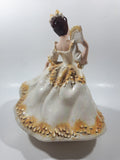 Vintage LJ Lady Jane with Hand Fan White and Orange Yellow Frilled Hand Painted 9 1/2" Tall Ceramic Figurine Statue