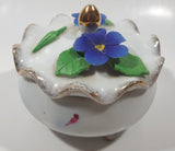 Vintage Giftcraft Blue Pansy Flower Fine China White Porcelain Footed Trinket Dish With Lid Gold Speckled Trim Made in Japan