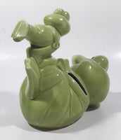 Vintage Green Frog Laying On Back Balancing Baby Frog on Foot 6" Long Ceramic Figurine Coin Bank