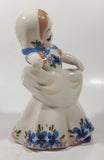 Vintage 1940s Delee Nina Art Pottery Girl In White Dress with Blue Flower 7" Tall Ceramic Makeup Brush Holder Figurine