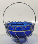 Vintage Cobalt Blue Glass Bowl in Silver Tone Metal Basket