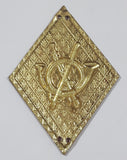 Vintage Spanish Army Infantry French Horn Bugle Sword and Musket Rifle Gun Red Diamond Shape 1 3/8" x 1 7/8" Gold Tone Metal Badge Insignia