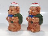 Vintage Brown Teddy Bear in Santa Claus Hat with Candy Cane Christmas Themed 4 1/4" Tall Ceramic Salt and Pepper Shaker Set