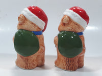 Vintage Brown Teddy Bear in Santa Claus Hat with Candy Cane Christmas Themed 4 1/4" Tall Ceramic Salt and Pepper Shaker Set