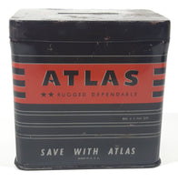 Vintage 1950s Atlas Rugged Dependable GM12 - 157  "Save With Atlas" 3" Tall Battery Shaped Black Tin Metal Advertising Coin Bank Made in U.S.A.