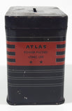 Vintage 1950s Atlas Rugged Dependable GM12 - 157  "Save With Atlas" 3" Tall Battery Shaped Black Tin Metal Advertising Coin Bank Made in U.S.A.