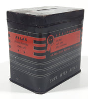 Vintage 1950s Atlas Rugged Dependable GM12 - 157  "Save With Atlas" 3" Tall Battery Shaped Black Tin Metal Advertising Coin Bank Made in U.S.A.