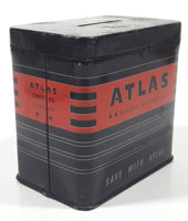 Vintage 1950s Atlas Rugged Dependable GM12 - 157  "Save With Atlas" 3" Tall Battery Shaped Black Tin Metal Advertising Coin Bank Made in U.S.A.