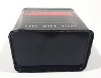 Vintage 1950s Atlas Rugged Dependable GM12 - 157  "Save With Atlas" 3" Tall Battery Shaped Black Tin Metal Advertising Coin Bank Made in U.S.A.