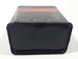 Vintage 1950s Atlas Rugged Dependable GM12 - 157  "Save With Atlas" 3" Tall Battery Shaped Black Tin Metal Advertising Coin Bank Made in U.S.A.