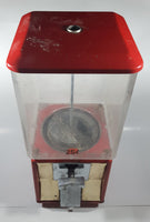 Vintage 25 Cent Heavy Red Metal 17 1/2" Tall Gumball Vending Machine Dispenser with Plastic Candy Bin