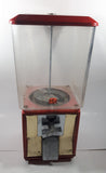 Vintage 25 Cent Heavy Red Metal 17 1/2" Tall Gumball Vending Machine Dispenser with Plastic Candy Bin