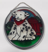 Joan Baker Designs Dalmatian Puppy Dog Sitting in Next To Fire Hydrant 3 1/2" x 5" Oval Shaped Stained Glass Window Sun Catcher