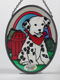 Joan Baker Designs Dalmatian Puppy Dog Sitting in Next To Fire Hydrant 3 1/2" x 5" Oval Shaped Stained Glass Window Sun Catcher