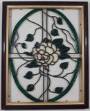 Vintage White Flower with Green Leaves Oval Pattern 12 1/2" x 15 1/2" Leaded Stained Glass Window