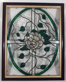 Vintage White Flower with Green Leaves Oval Pattern 12 1/2" x 15 1/2" Leaded Stained Glass Window