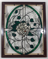 Vintage White Flower with Green Leaves Oval Pattern 12 1/2" x 15 1/2" Leaded Stained Glass Window