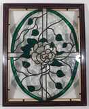 Vintage White Flower with Green Leaves Oval Pattern 12 1/2" x 15 1/2" Leaded Stained Glass Window