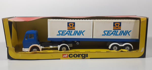 Vintage 1984 Corgi 1109 Mercedes Semi Tractor Truck and Trailer with Two Sealink Containers Blue and White Die Cast Toy Car Vehicle in Box