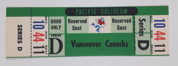 Vintage 1969 1970 Vancouver Canucks Pacific Coliseum WHL Ice Hockey Game Ticket with Johnny Canuck Green Version Series D Section 10 Row 44 Seat 11 Reserved