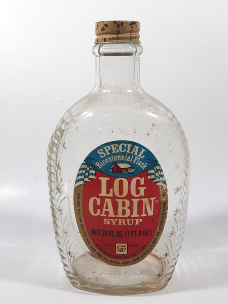 Vintage Log Cabin Syrup Bottle 1776 - Special Bicentennial Glass Flask with Label and Lid