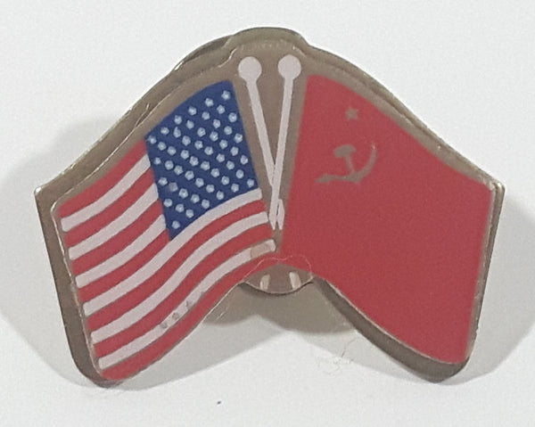 Waving American USA Flag and Soviet Union USSR Flag 3/4" x 1" Enamel Metal Lapel Pin