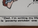 Vintage 1983 Universal Press Syndicate Herman "Dad, I'm writing my life story. Is 'poverty-stricken' one word?" 5 1/2" x 5 1/2" Wood Framed Ceramic Tile Trivet