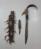 Primitive Antique Borneo Dayak Headhunter Human Hair, Bone, and Teeth Hand Woven and Tied Hand Painted Double Twin Tribal Mandau Bush Knife Sheath