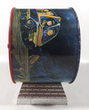 Vintage Banco Comercial Mexicano, S.A. Institucion De Deposito, Ahorro Y Fideicomiso Retro Space Age Cartoon Family and Robot Graphics with Rear Clock Hands 7 1/2" Tall Tin Metal Combination Coin Bank Safe Vault