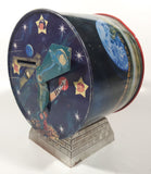 Vintage Banco Comercial Mexicano, S.A. Institucion De Deposito, Ahorro Y Fideicomiso Retro Space Age Cartoon Family and Robot Graphics with Rear Clock Hands 7 1/2" Tall Tin Metal Combination Coin Bank Safe Vault
