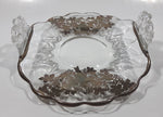 Vintage Leaves Berries and Birds Pattern Silver Overlay 6 1/2" x 7" Wide Glass Candy Serving Dish with Ornate Handles