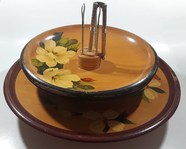 Vintage Dall Craft Vancouver HMO Nutcracker Two Tier Hand Painted Flower Pattern Wood Platter