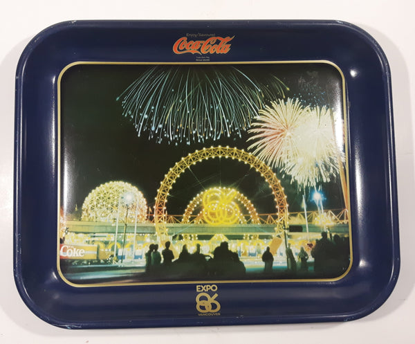 Vintage 1986 Enjoy Coca Cola Expo 86 Fireworks Dark Blue Metal Beverage Serving Tray