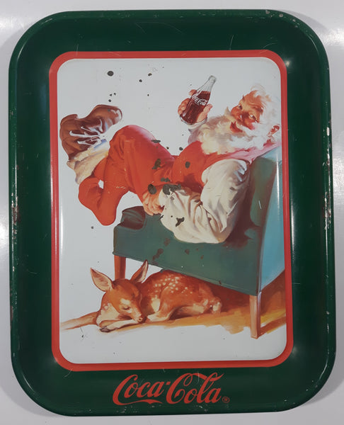 Vintage 1989 Coca-Cola Santa with Deer Green Metal Beverage Serving Tray