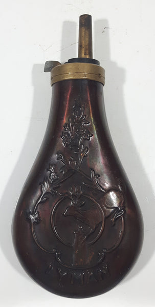 Antique 19th Century Lyman Deer and Foliage Design Bulb Shaped 7 1/4" Copper Metal Rifle Gun Powder Flask Bottle