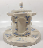 Antique Blue and White Tobacco Humidor Jar 6" Tall Raised Relief Ceramic Six Pipe Stand