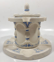 Antique Blue and White Tobacco Humidor Jar 6" Tall Raised Relief Ceramic Six Pipe Stand