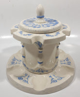 Antique Blue and White Tobacco Humidor Jar 6" Tall Raised Relief Ceramic Six Pipe Stand