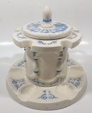 Antique Blue and White Tobacco Humidor Jar 6" Tall Raised Relief Ceramic Six Pipe Stand