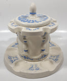 Antique Blue and White Tobacco Humidor Jar 6" Tall Raised Relief Ceramic Six Pipe Stand