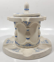 Antique Blue and White Tobacco Humidor Jar 6" Tall Raised Relief Ceramic Six Pipe Stand