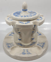 Antique Blue and White Tobacco Humidor Jar 6" Tall Raised Relief Ceramic Six Pipe Stand