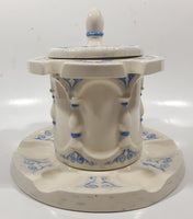 Antique Blue and White Tobacco Humidor Jar 6" Tall Raised Relief Ceramic Six Pipe Stand