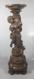 Vintage Ornate Cherub 14 1/2" Tall Gold Toned Aged Paint Carved Wood Pedestal Candle or Plant Holder Stand