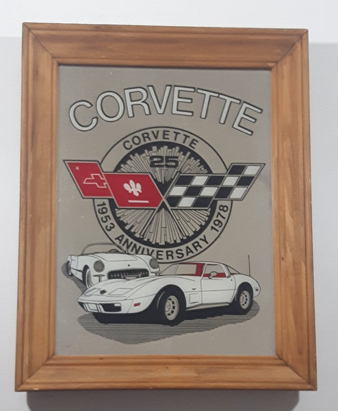 Vintage 1953 to 1978 Chevrolet Corvette 25th Anniversary 11 1/4" x 14 1/4" Wood Framed Mirror Sign