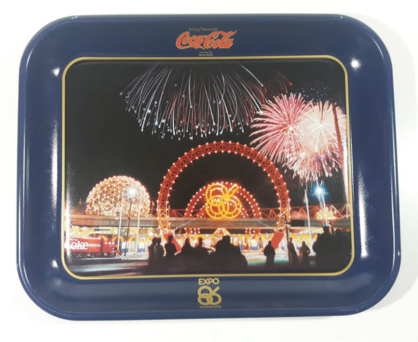 Vintage 1986 Enjoy Coca Cola Expo 86 Fireworks Dark Blue Metal Beverage Serving Tray